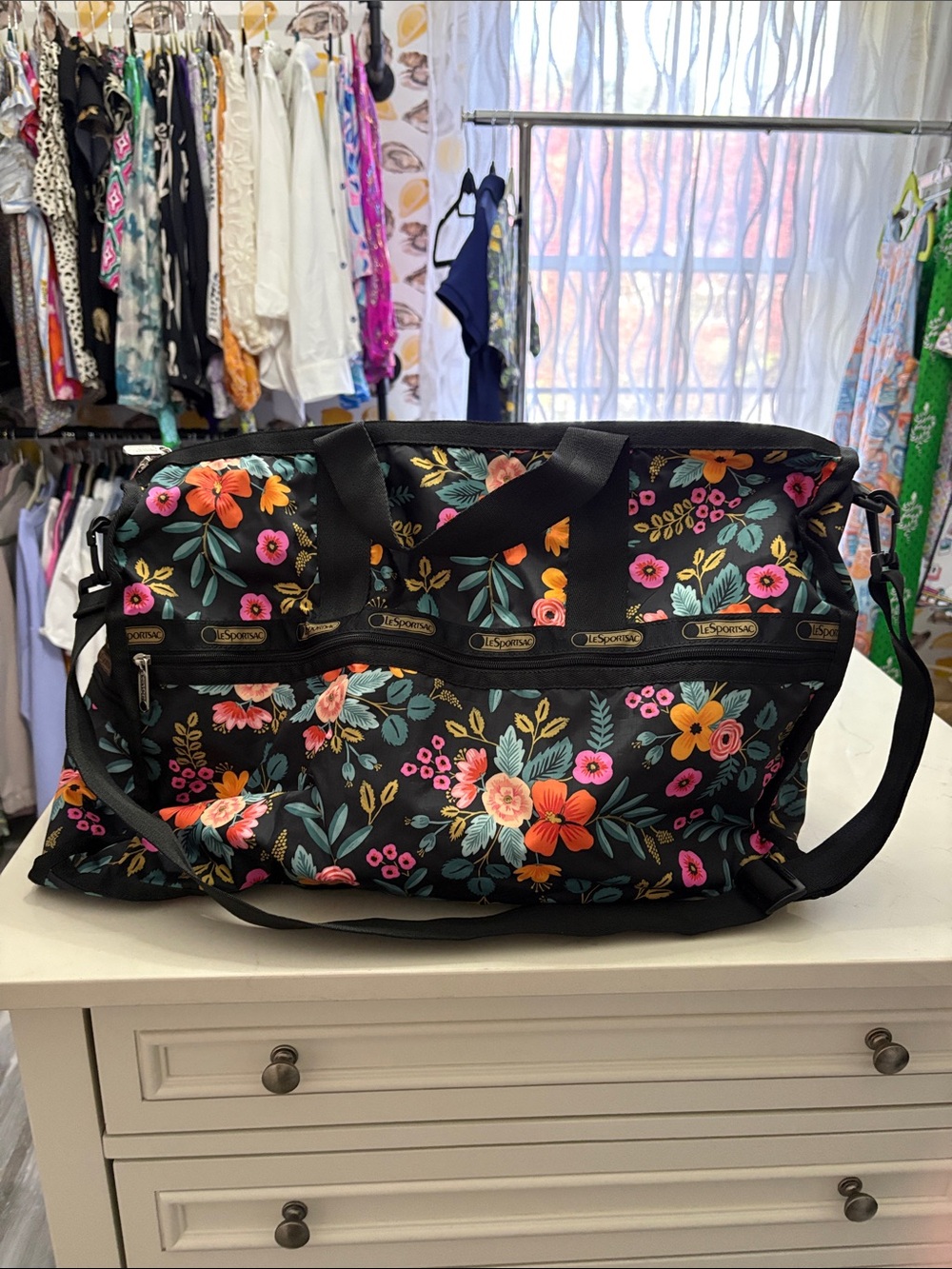 Lesportsac Black Floral Travel Tote with Multicolor Blooms